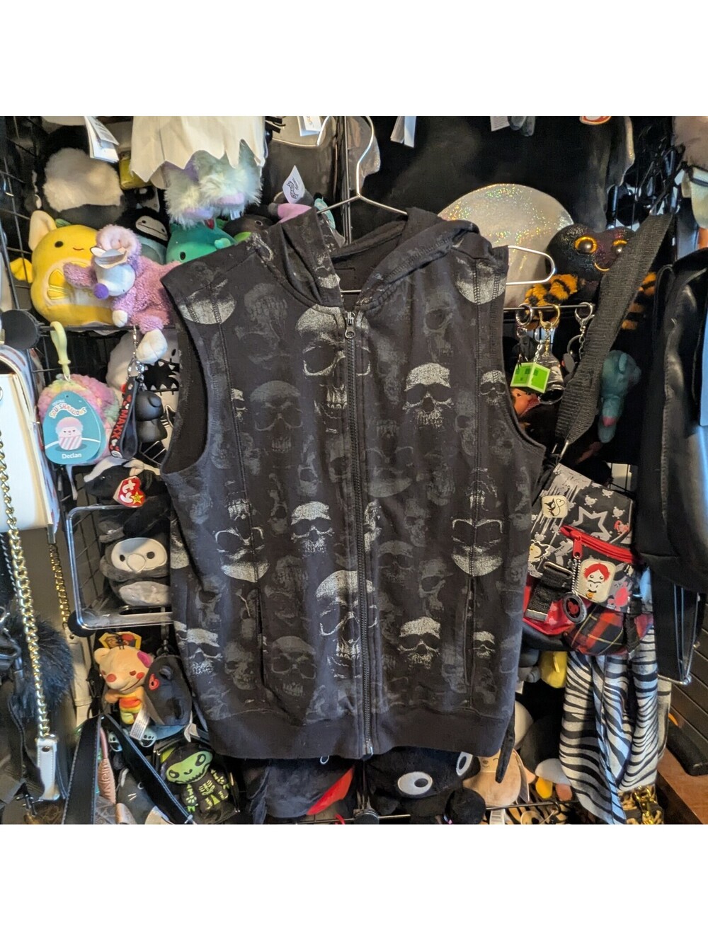 Route 66 Black Skull Print Zip Up Hooded Biker Vest Grunge